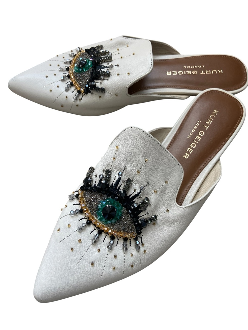 Kurt Geiger London | White Beaded Eye Pointed Toe Mule Flats Size 9